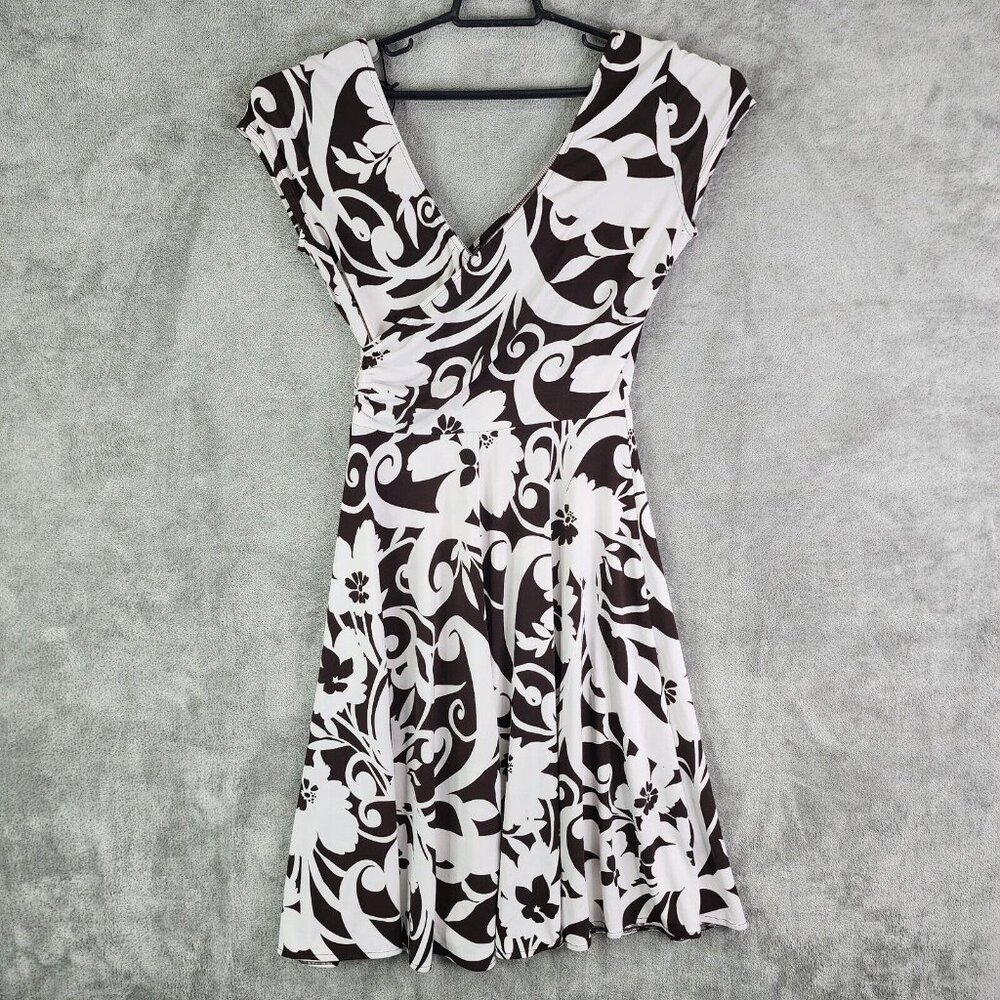 Womans Lizzatti A-Line Dress  Brown & White Sleeveless Twist V-Neck Strech 10